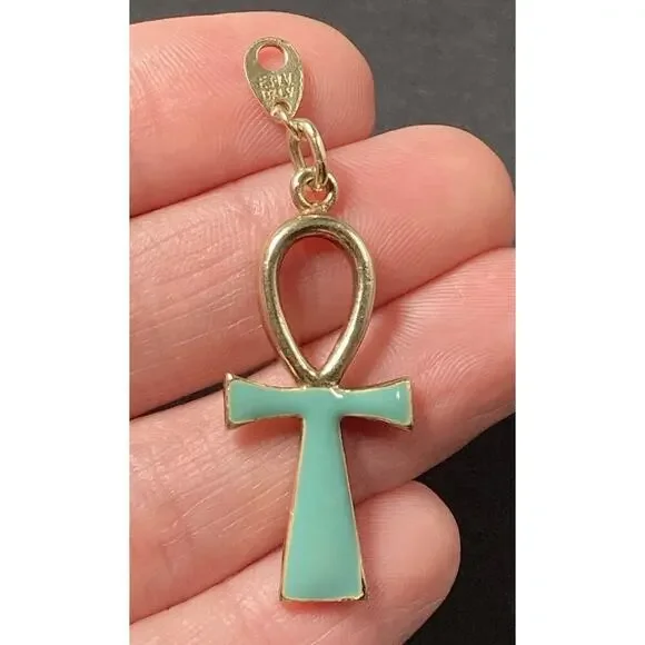 Vintage 1970’s Gold Plated .925 Sterling Silver Ankh Pendant Cross Italy Enamel - Picture 10 of 14